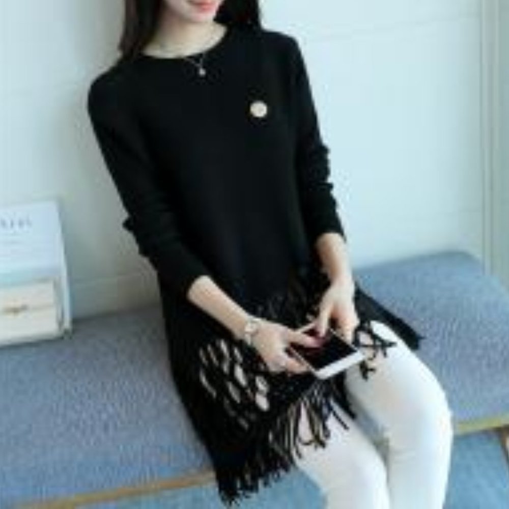 Knitted Long Black Top/Dress w/ Tassels